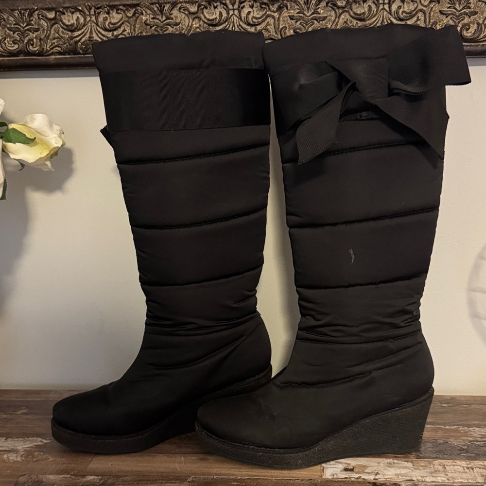 Kate Spade Black Wedge Boots with Ribbon Accent